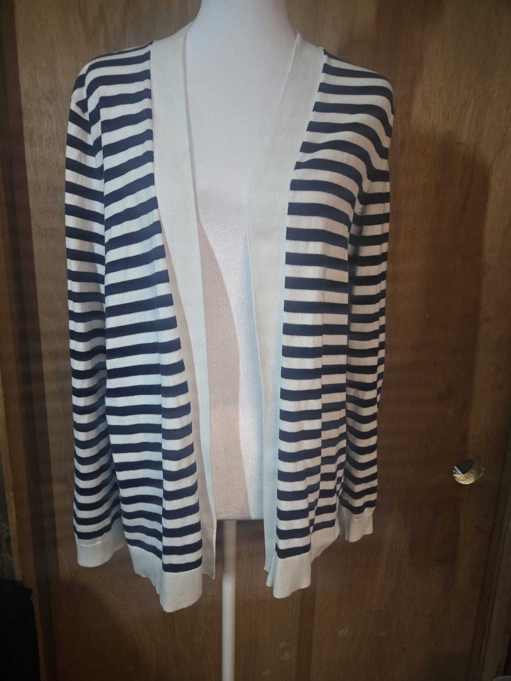 Lands' End Navy and White Striped Open-Front Cardigan